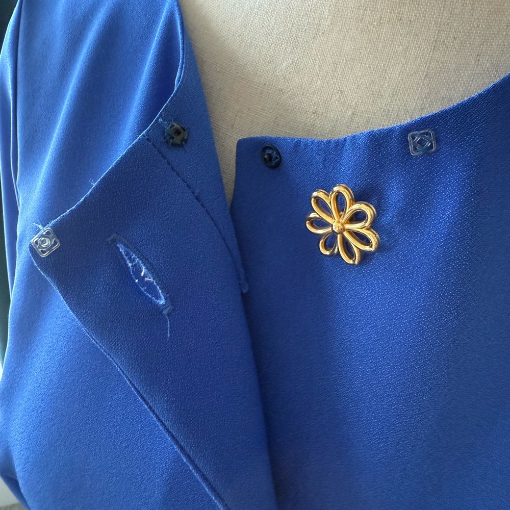 Vintage St Michael Blue Midi Dress with Gold Flower Buttons - Picture 8 of 10